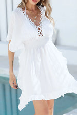 Ruffled Smocked Waist V-Neck Cover-Up - Ladyez
