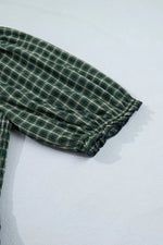 Plaid Square Neck Shirred High Waist Ruffle Hem Maxi Dress