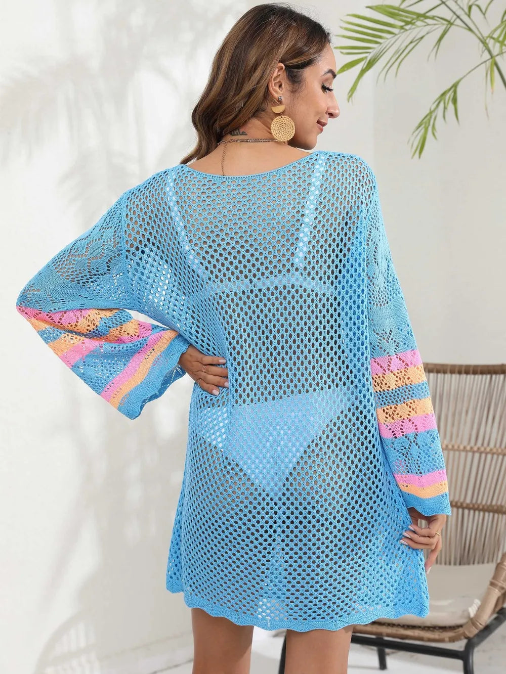 Openwork Contrast Long Sleeve Cover-Up - Ladyez