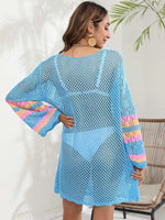 Openwork Contrast Long Sleeve Cover-Up - Ladyez