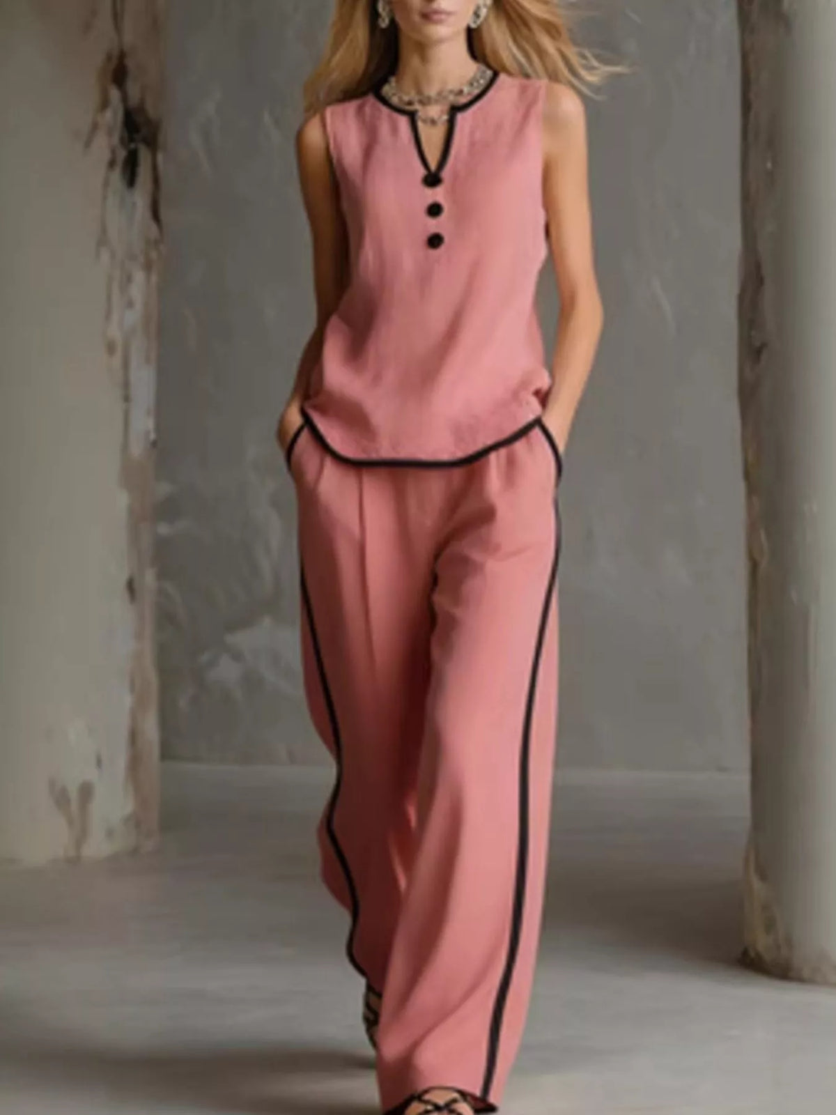 Full Size Contrast Trim Sleeveless Top and Pants Set Plus Size