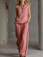 Full Size Contrast Trim Sleeveless Top and Pants Set Plus Size