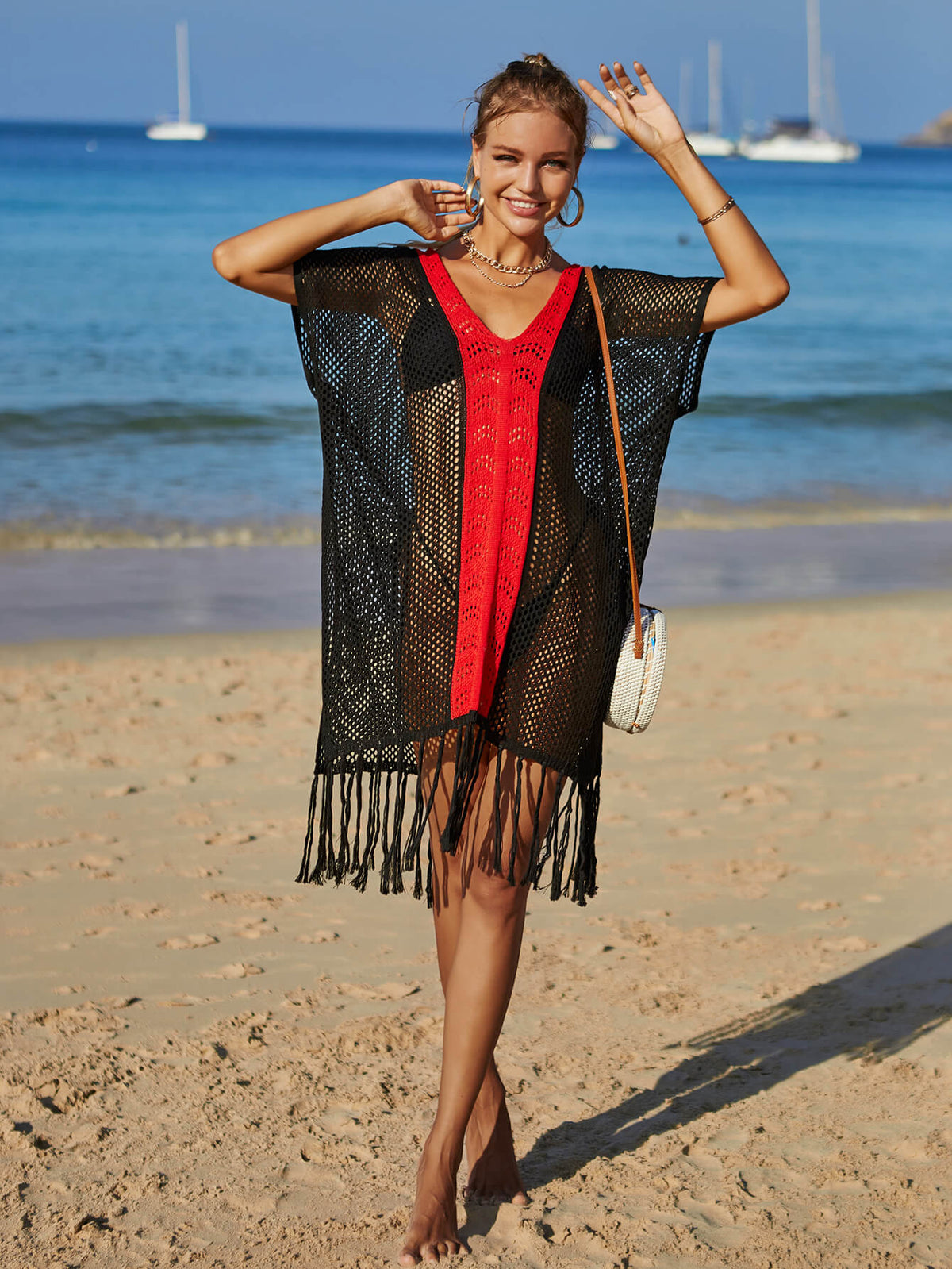 Angel Wings Contrast Fringe Trim Openwork Cover-Up Dress - Ladyez