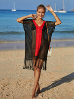 Angel Wings Contrast Fringe Trim Openwork Cover-Up Dress - Ladyez