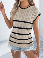 Cable-Knit Striped Round Neck Knit Top