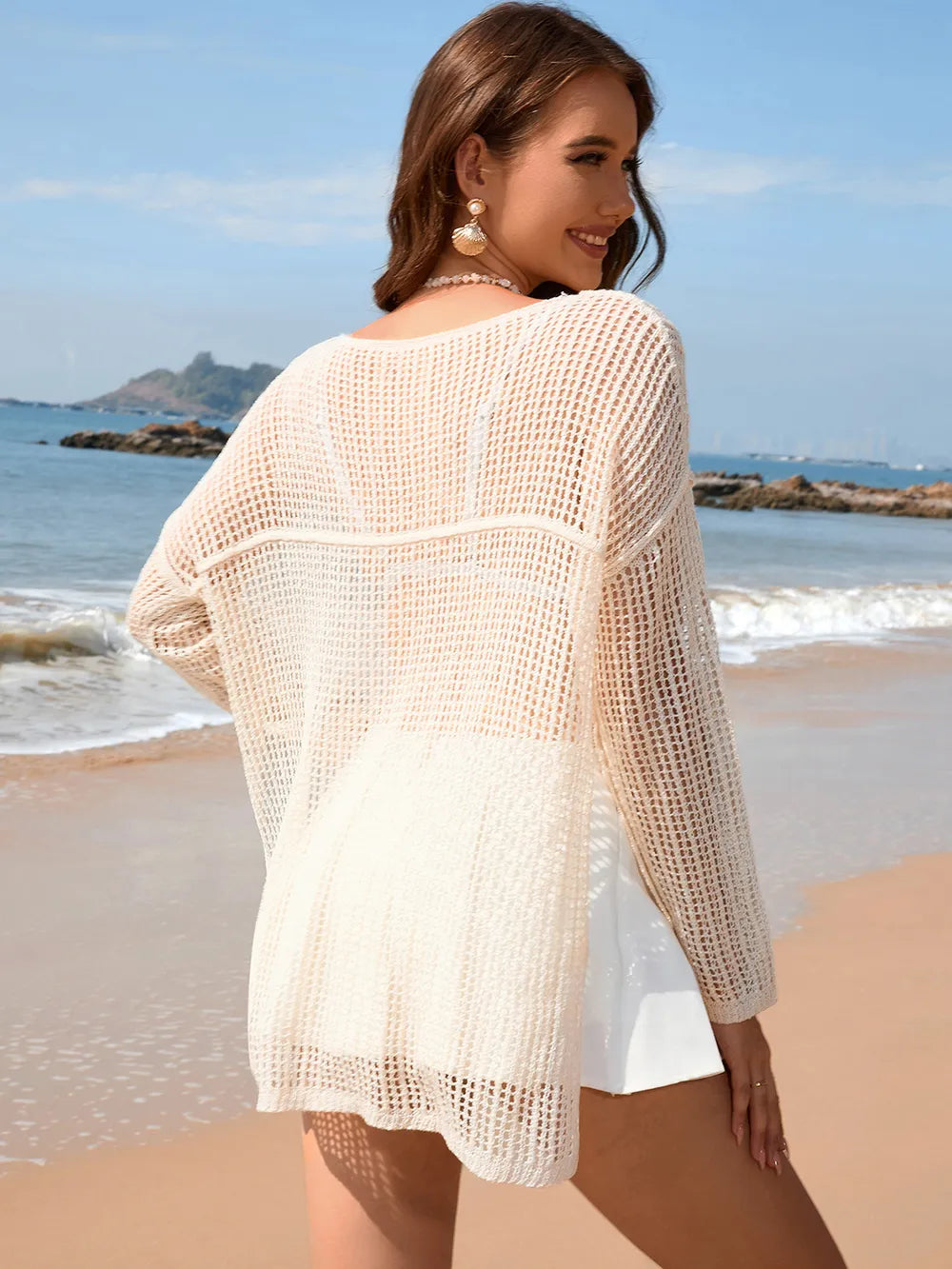Openwork Slit Boat Neck Long Sleeve Cover-Up - Ladyez