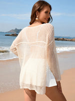 Openwork Slit Boat Neck Long Sleeve Cover-Up - Ladyez