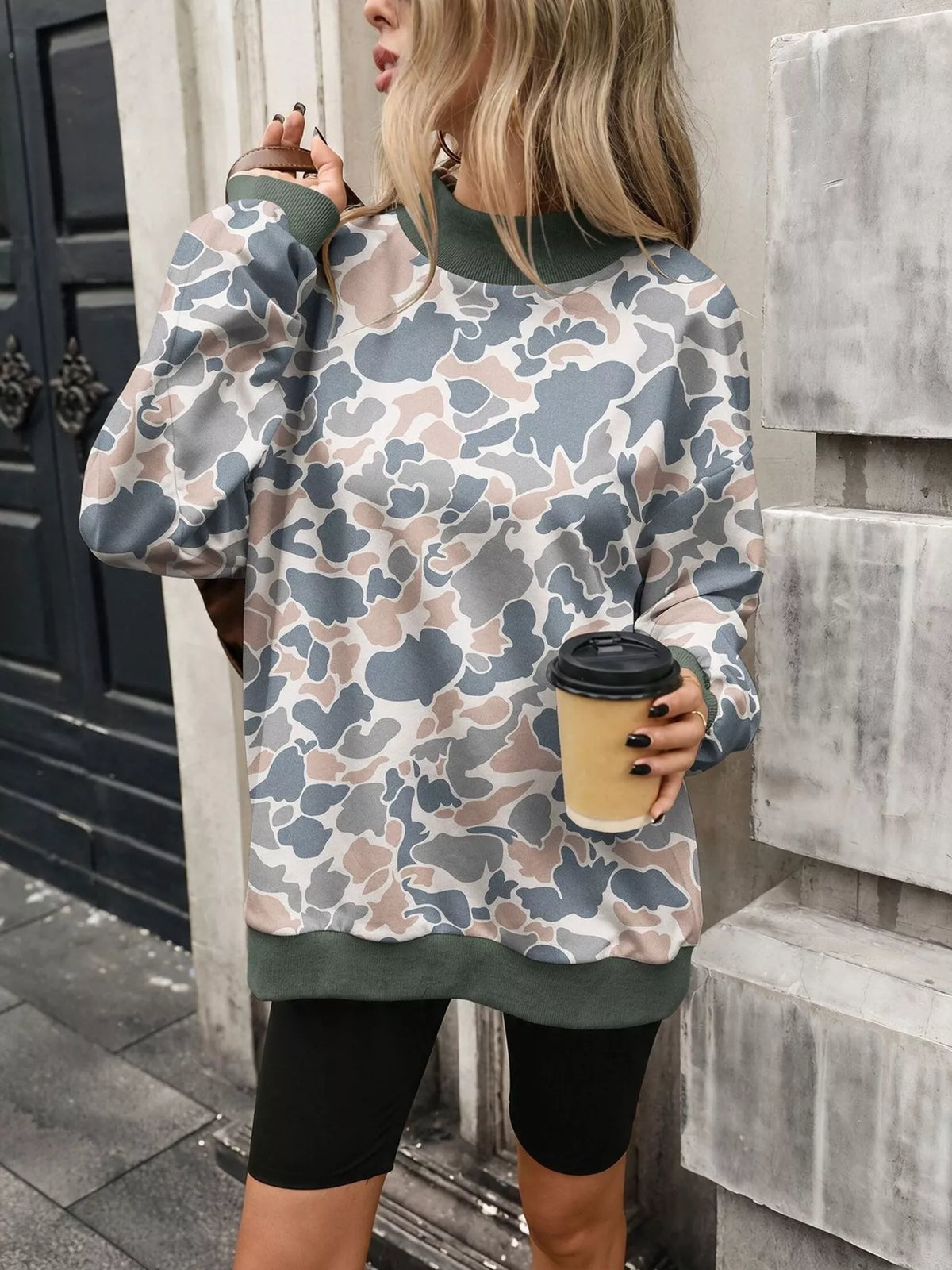 Camouflage Print Mock Neck Sweatshirt