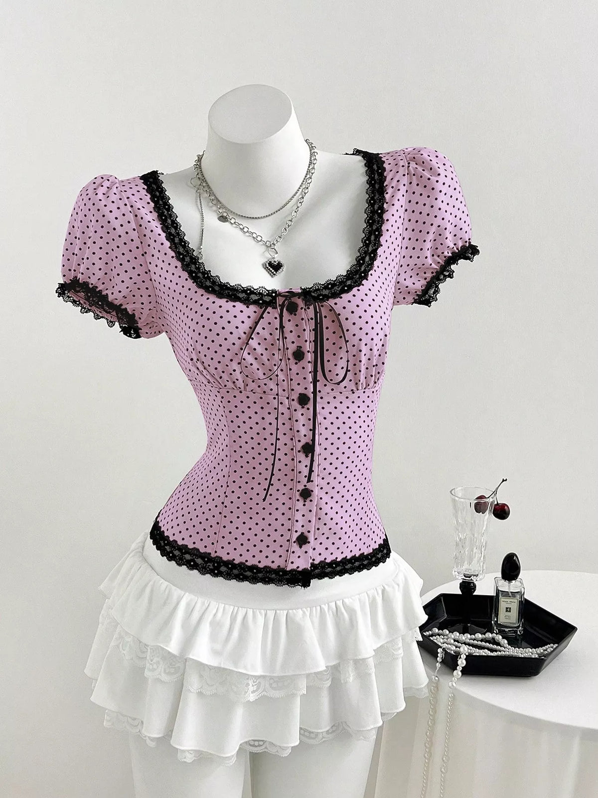 Polka Dot Lace Trim Puff Sleeve Top