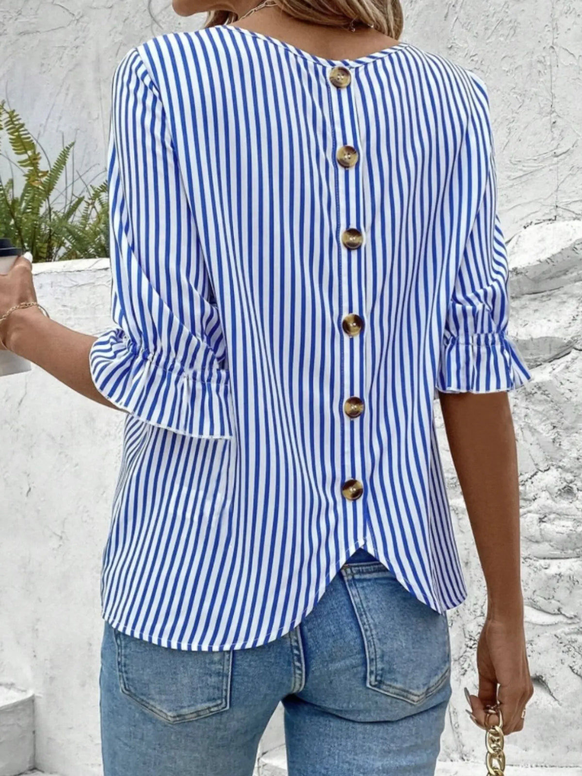 Striped Round Neck Half Sleeve Casual Blouse - Ladyez