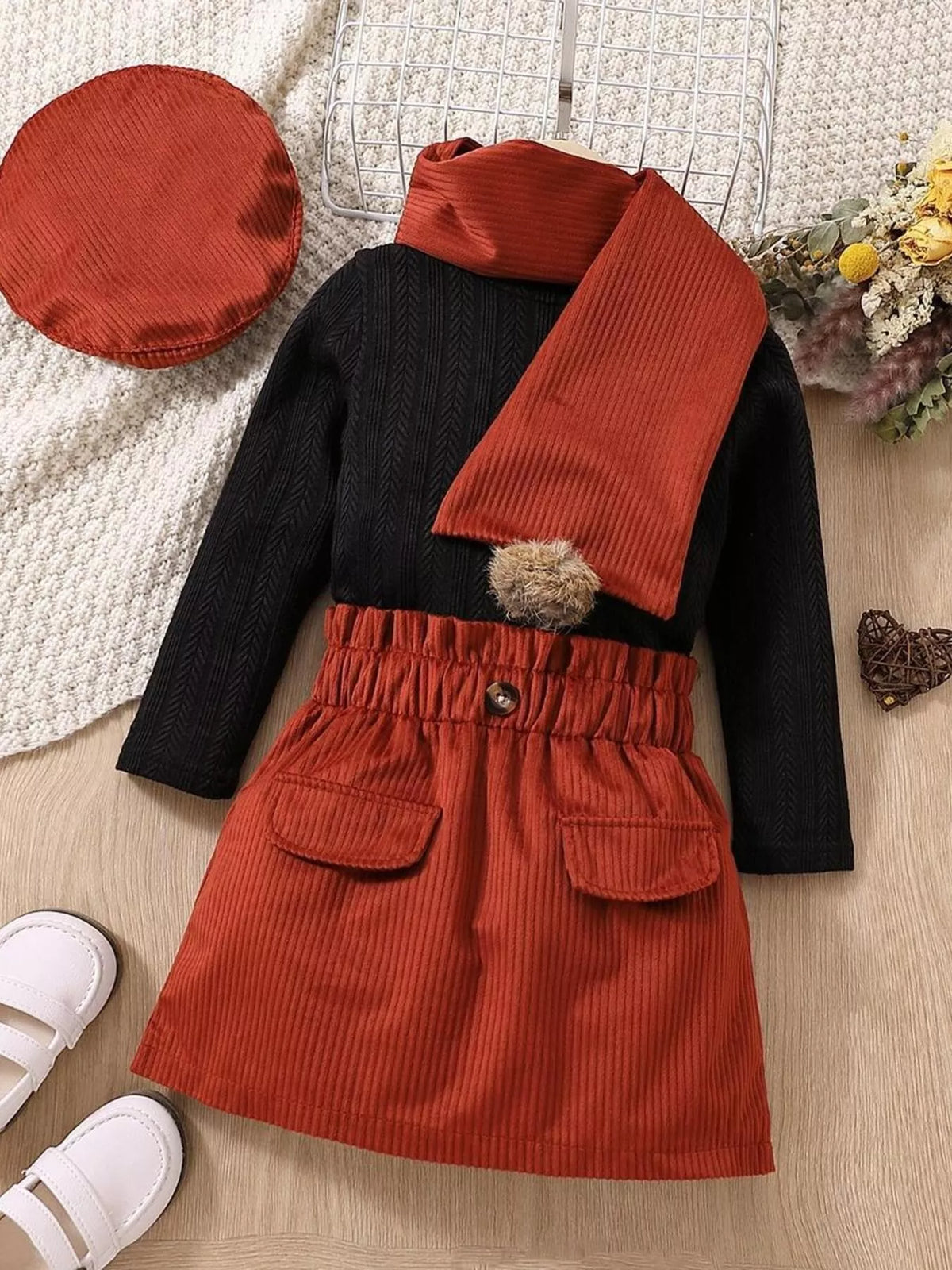 Children's Texture Knit Top and Skirt Set with Scarf & Beret
