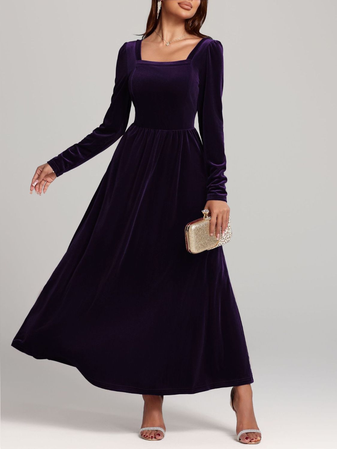 Velvet Square Neck Long Sleeve Dress - Ladyez