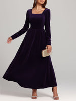 Velvet Square Neck Long Sleeve Dress - Ladyez