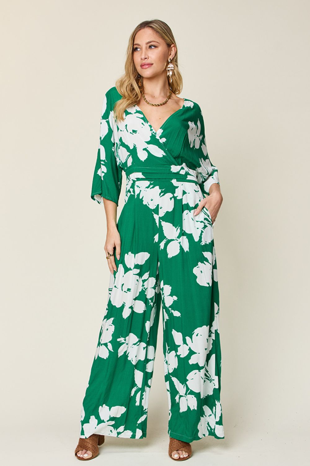 Double Take Full Size Printed Tie Back Wide Leg Jumpsuit - Ladyez