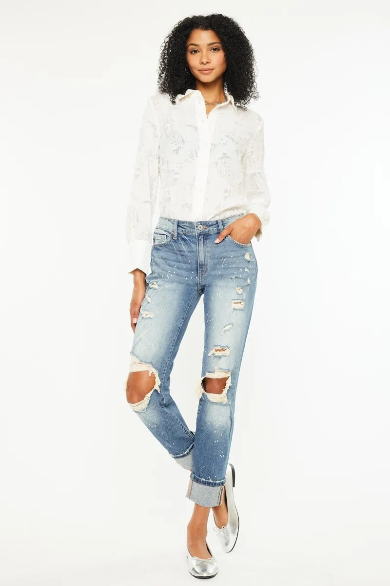 Kancan High Rise Distressed Boyfriend Fit Jeans - Ladyez