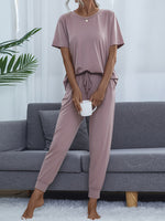 Shiny Round Neck Short Sleeve Top and Pants Set - Ladyez
