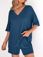 Solid Color V-Neck and Shorts Set