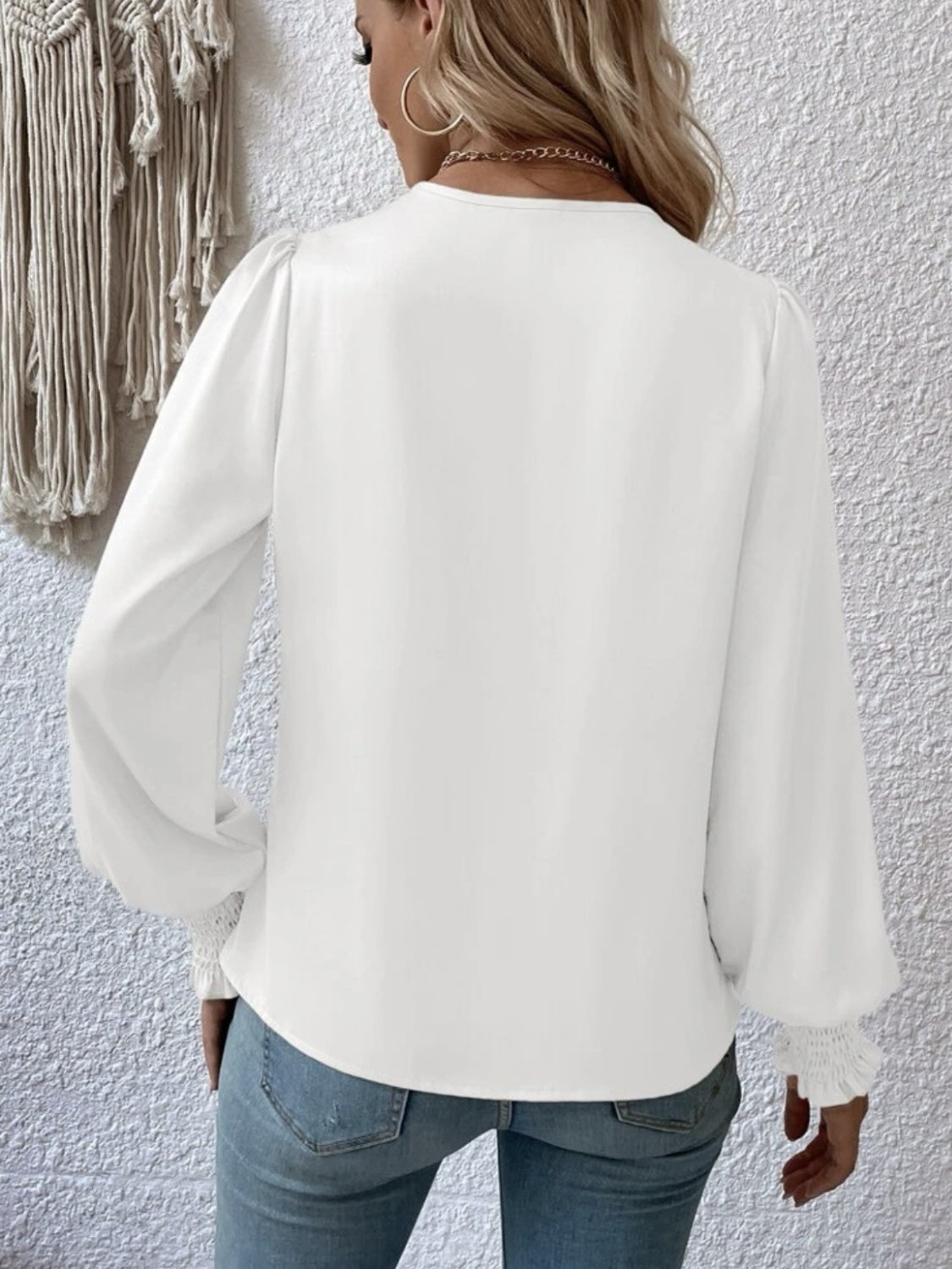 Surplice Smocked Lantern Sleeve Blouse - Ladyez