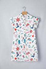 Western Print Flutter Sleeve Button Down Mini Dress
