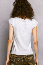 POL V-Neck Lightweight Textured Short Sleeve Knit Top with Lace Trim