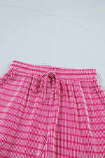 Stripe Raised Rib Loose Tee Drawstring Elastic Waist 2pcs Short Set