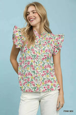 Umgee Floral Print RuffleCap Sleeve Shirt