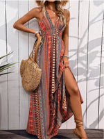 Tied Back Printed Sleeveless Maxi Slit Dress