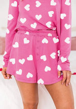 Heart Round Neck Long Sleeve Top and Elastic Waist Shorts Set - Ladyez