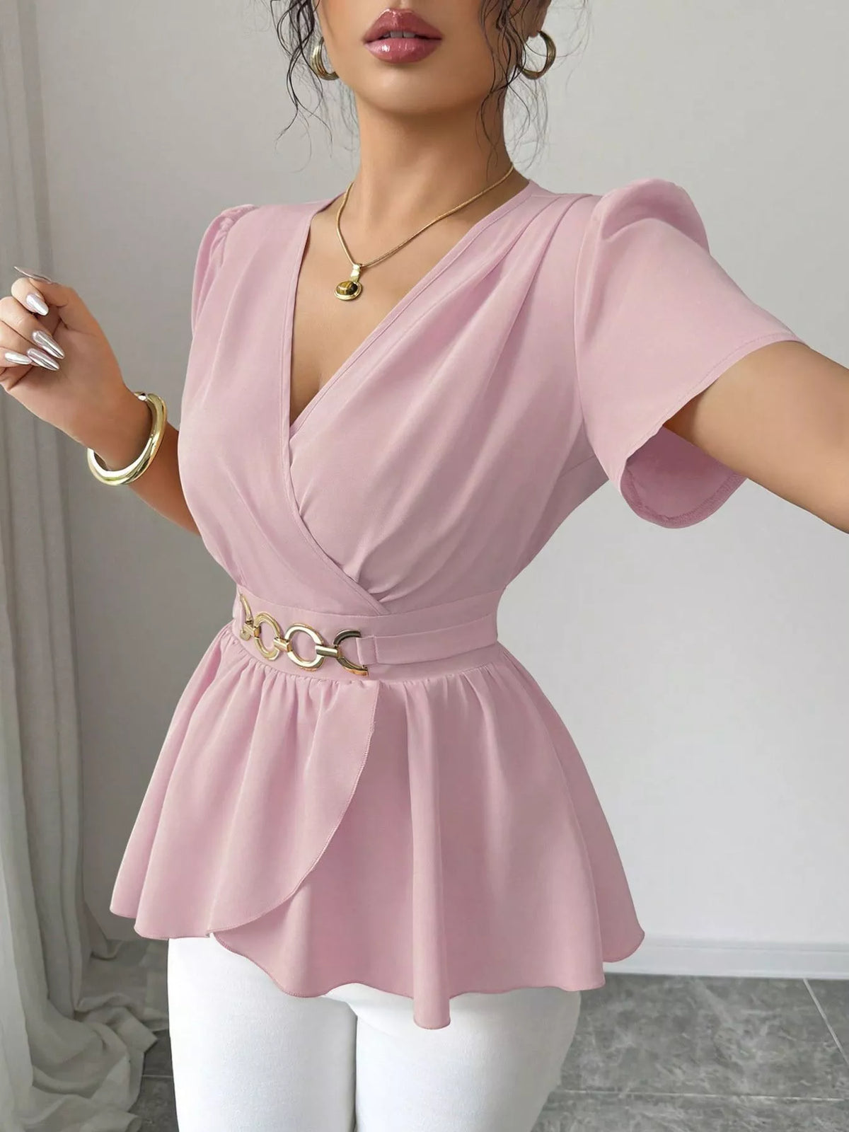 Surplice Short Sleeve Blouse