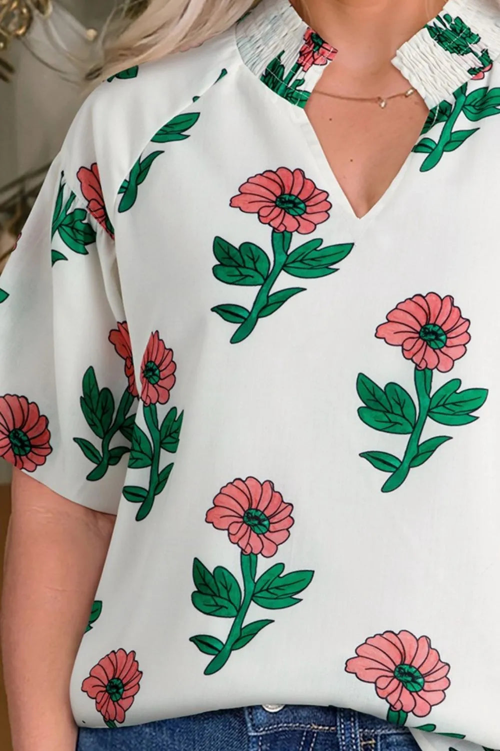 Flower Notched Short Sleeve Blouse