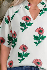 Flower Notched Short Sleeve Blouse