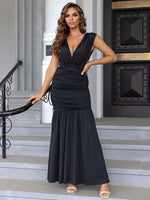 Ruched Plunge Sleeveless Maxi Dress - Ladyez