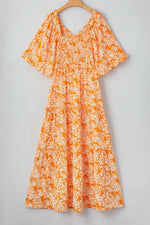 Floral Print Smocked V Neck Wide Sleeve Maxi Dress