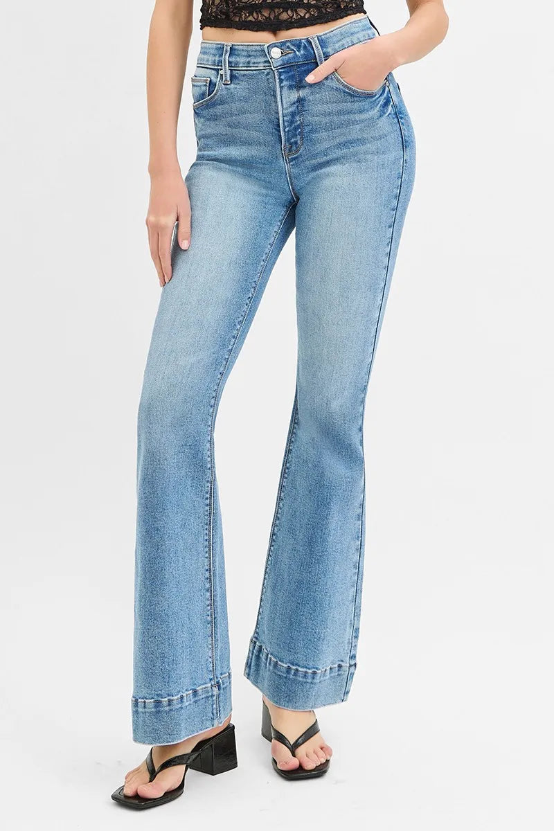 RISEN Full Size Tummy Control Elastic Band High Rise Flare Jeans Plus Size - Ladyez