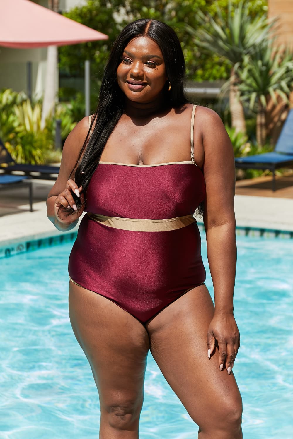 Marina West Swim Wave Break Contrast Trim One-Piece in Wine - Ladyez