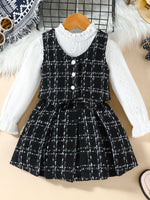 Children's Long Sleeve Top & Plaid Vest & Pleated Skirt Set