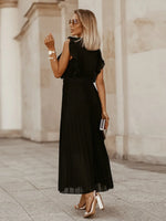 Tied Surplice Cap Sleeve Pleated Dress - Ladyez