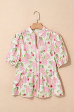 Printed Tie Neck Short Sleeve Blouse