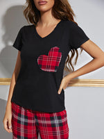 Heart Graphic V-Neck Top and Plaid Pants Lounge Set - Ladyez