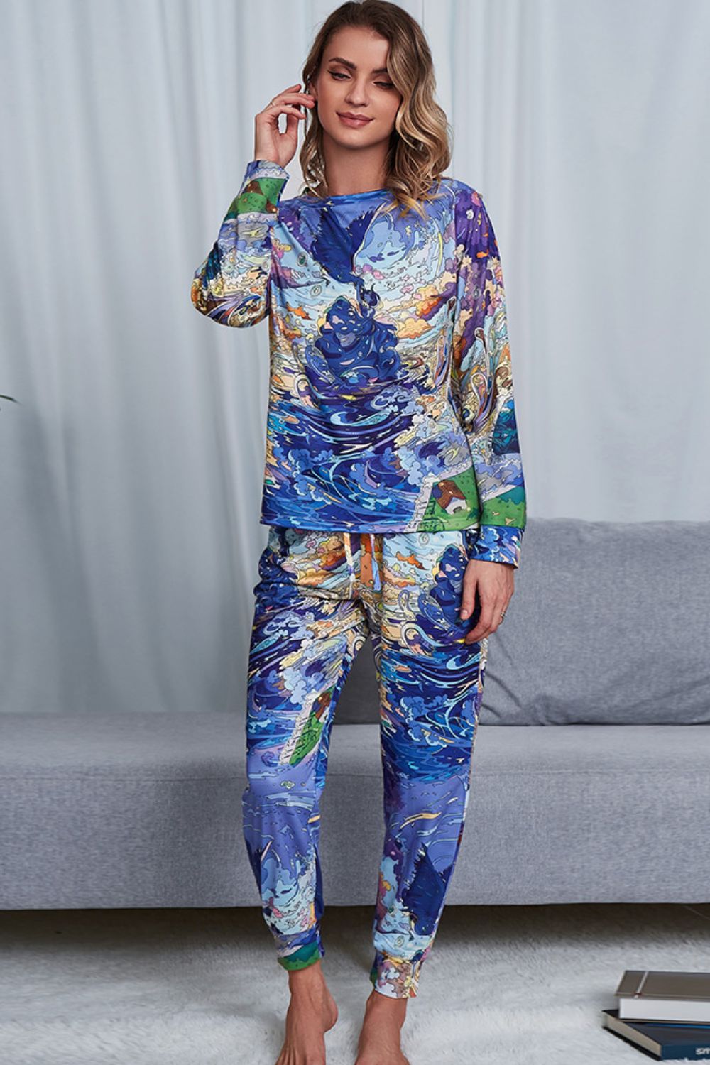 Shiny Tie-Dye Crewneck Top and Drawstring Waist Joggers Lounge Set - Ladyez