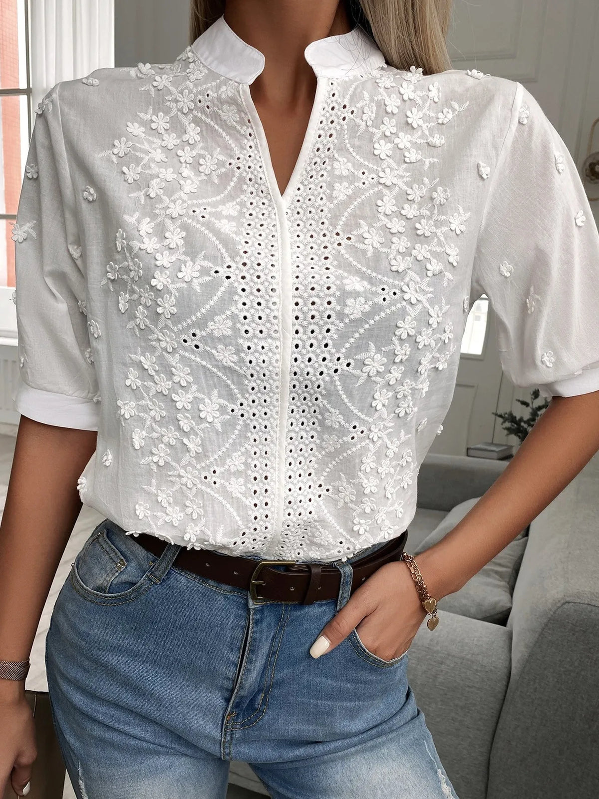 Embroidered Eyelet Notched Half Sleeve Blouse - Ladyez