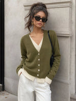 V-Neck Button-Down Contrast Layered Cardigan