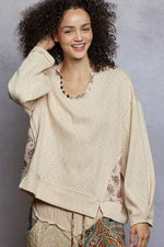 POL Balloon Sleeve Oversized Ribbed Top with Floral Pattern Contrast