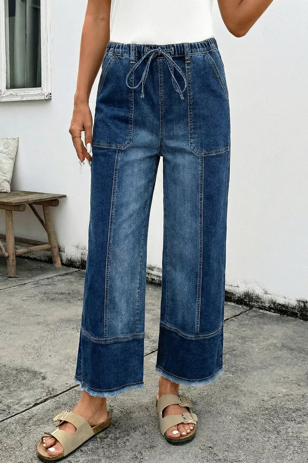 Drawstring Seam Detail Raw Hem Wide Leg Denim Pants