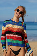 Angel Wings Rainbow Stripe Openwork Long Sleeve Cover-Up - Ladyez