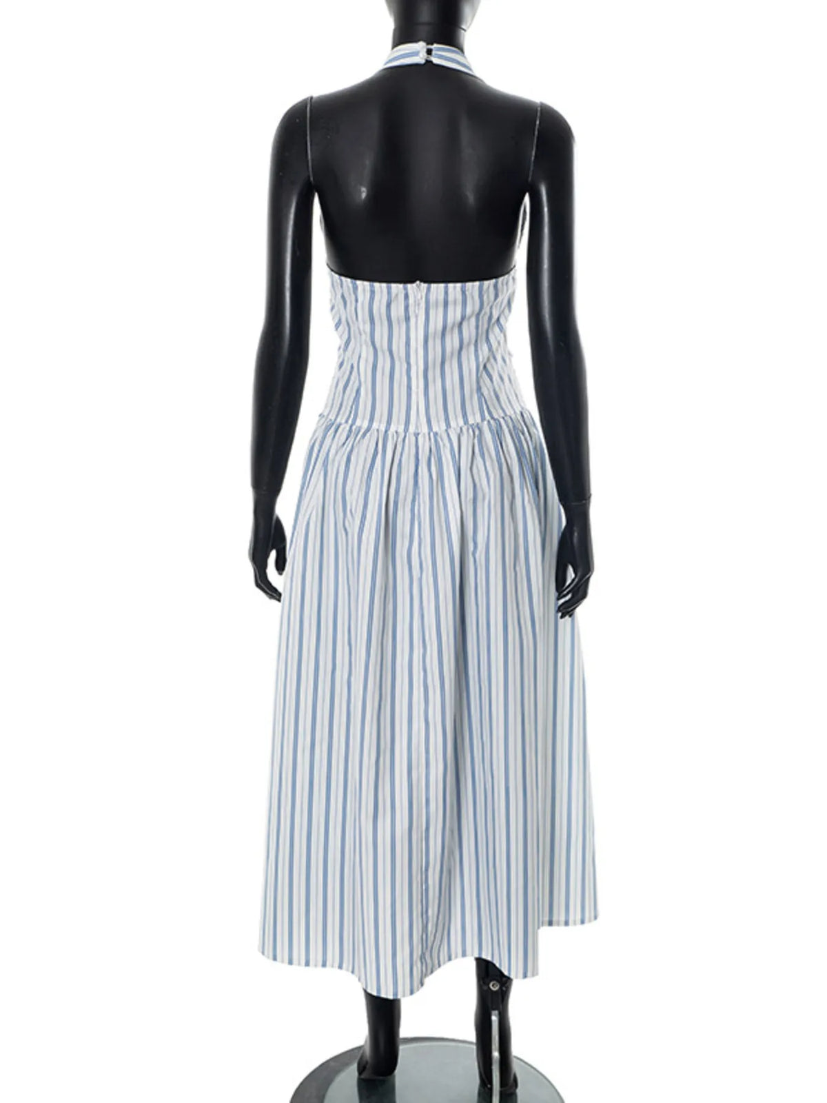 Striped Halter Neck Midi Dress with Tie Front Detail - Ladyez