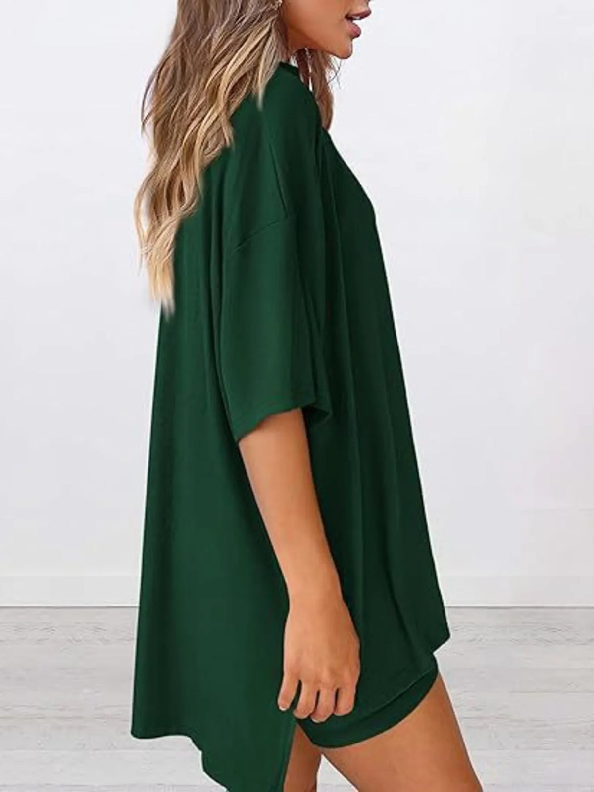 Full Size Oversized Slit Round Neck Top and Shorts Lounge Set Plus Size - Ladyez