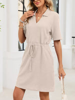 Casual Knit Polo Collar Drawstring Waist Dress