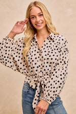 BiBi Polka Dot Print Tie Hem Detail Crop Shirt