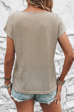 Decorative Button Graphic Round Neck Short Sleeve T-Shirt - Ladyez